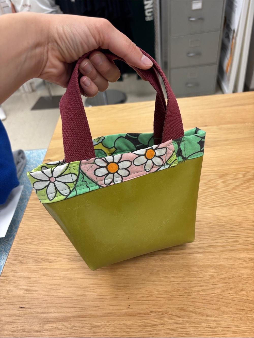 Green Floral-Trim Small Tote Bag Upcycled pleather cute boho beach